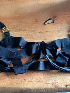 Victoria's Secret Black Satin Strappy Underwire Bra with Gold Accents